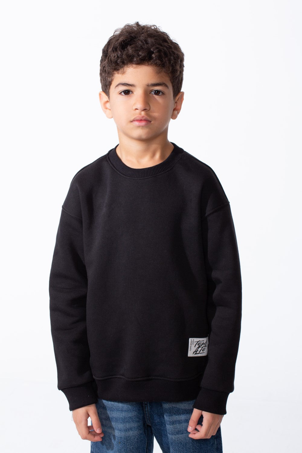 Boy's Ribbed Crew Neckline White Label Patch Dropped Shoulder Melton Slim Fit Sweatshirt