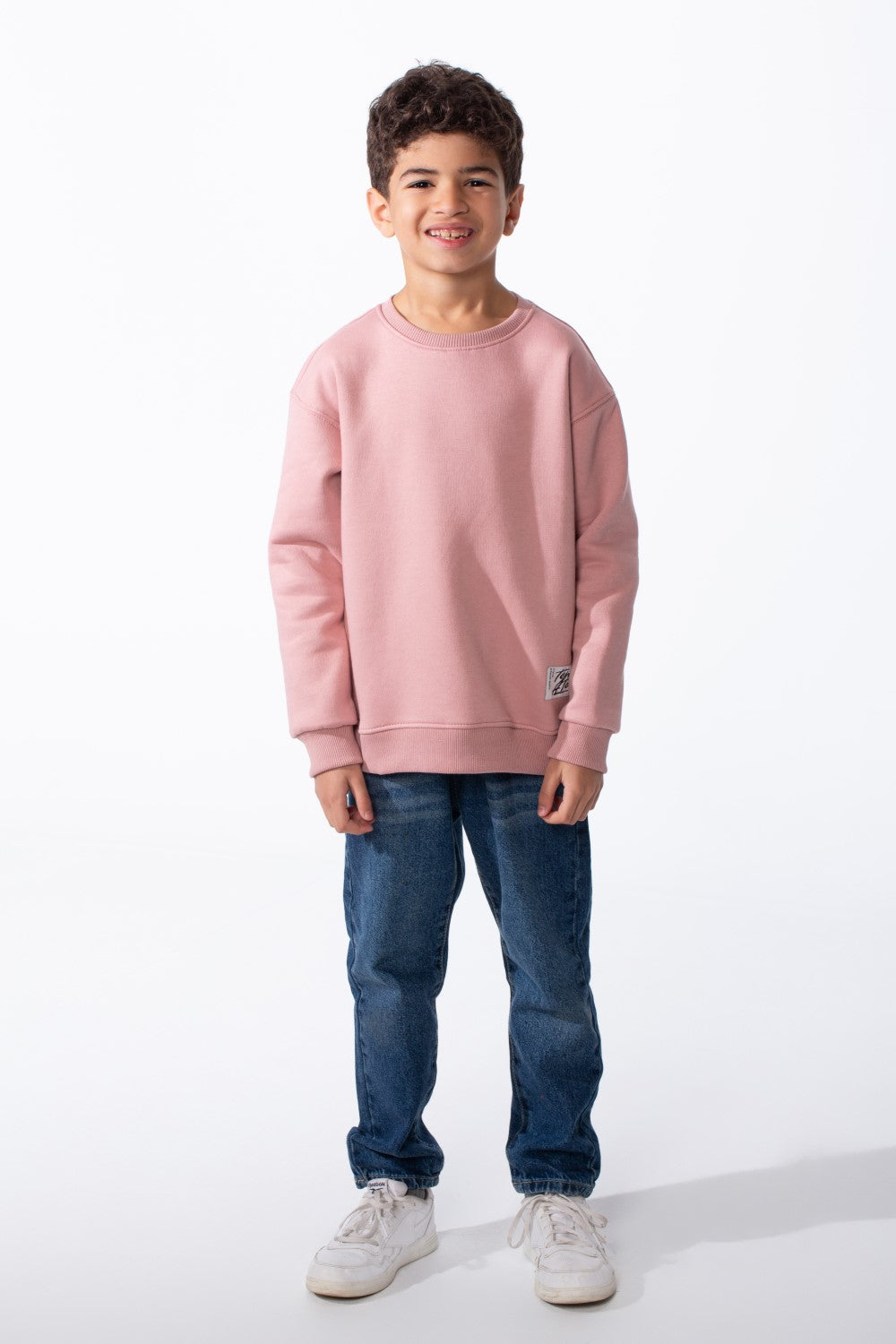 Boy's Ribbed Crew Neckline White Label Patch Dropped Shoulder Melton Slim Fit Sweatshirt