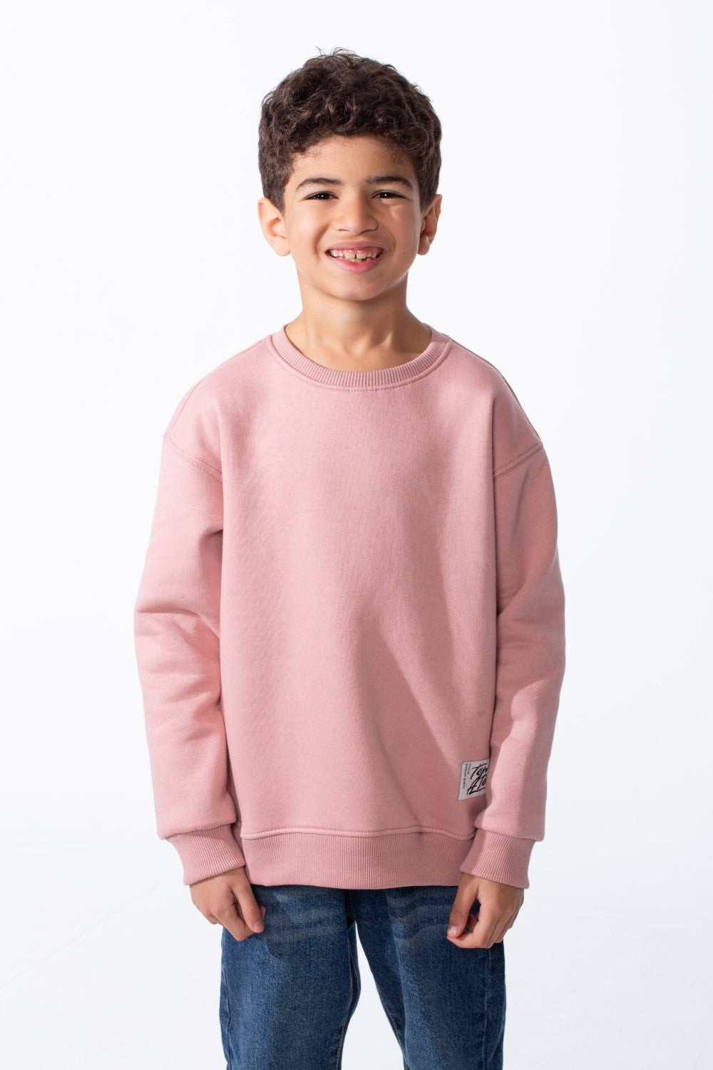 Boy's Ribbed Crew Neckline White Label Patch Dropped Shoulder Melton Slim Fit Sweatshirt