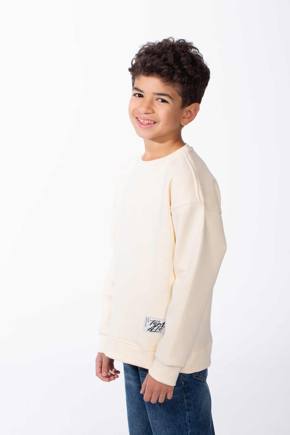 Boy's Ribbed Crew Neckline White Label Patch Dropped Shoulder Melton Slim Fit Sweatshirt