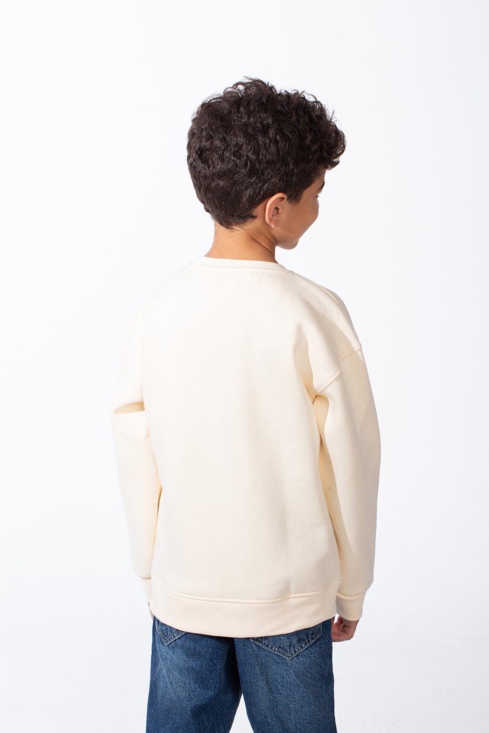 Boy's Ribbed Crew Neckline White Label Patch Dropped Shoulder Melton Slim Fit Sweatshirt