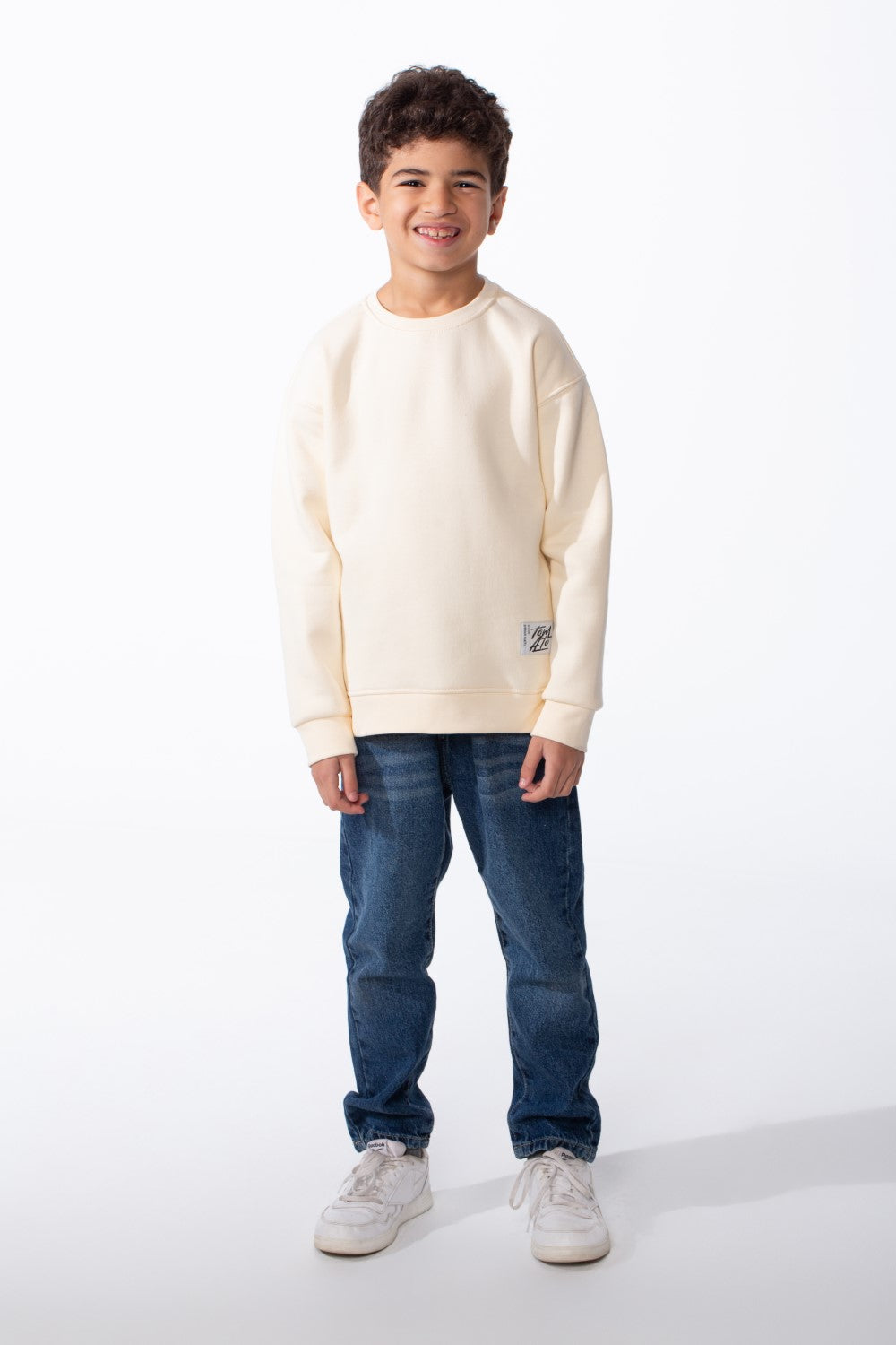 Boy's Ribbed Crew Neckline White Label Patch Dropped Shoulder Melton Slim Fit Sweatshirt