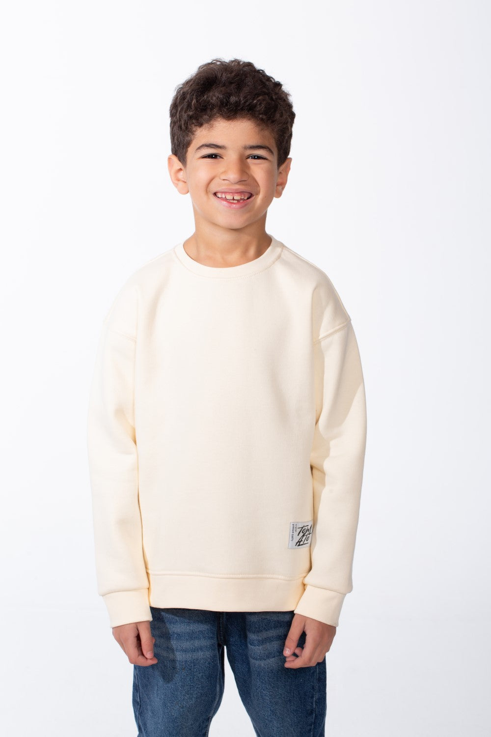 Boy's Ribbed Crew Neckline White Label Patch Dropped Shoulder Melton Slim Fit Sweatshirt