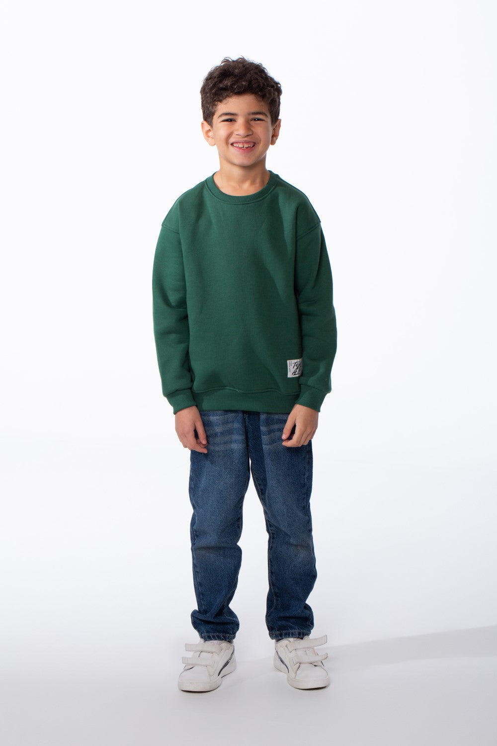 Boy's Ribbed Crew Neckline White Label Patch Dropped Shoulder Melton Slim Fit Sweatshirt