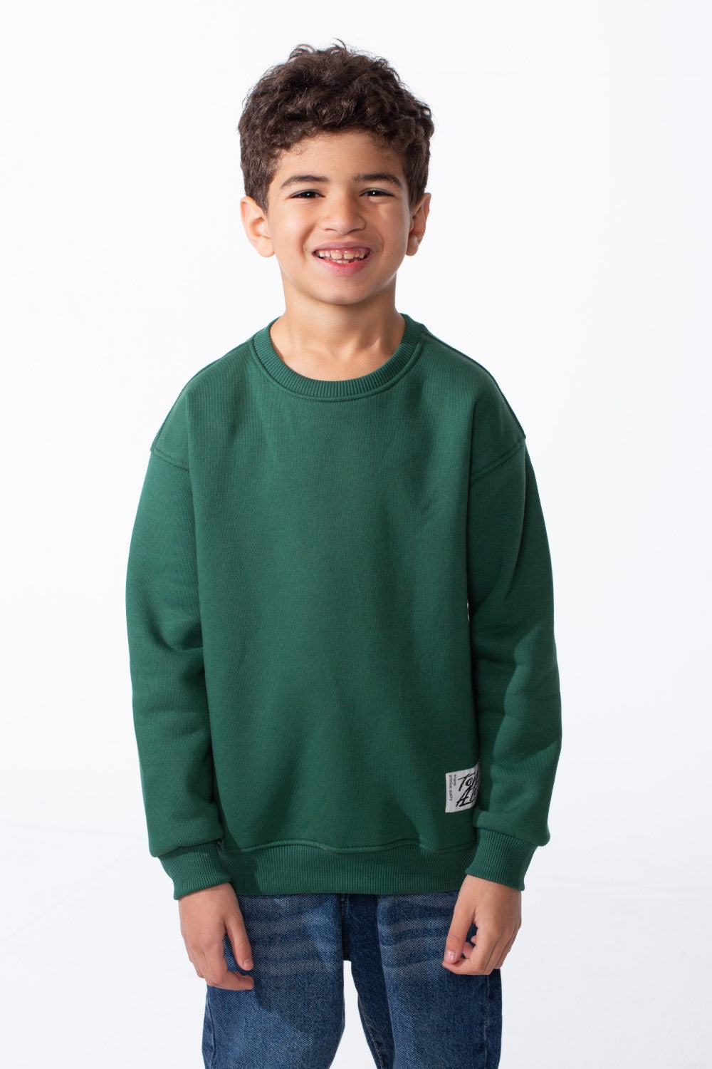 Boy's Ribbed Crew Neckline White Label Patch Dropped Shoulder Melton Slim Fit Sweatshirt
