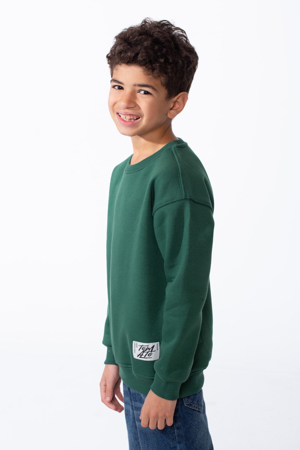 Boy's Ribbed Crew Neckline White Label Patch Dropped Shoulder Melton Slim Fit Sweatshirt