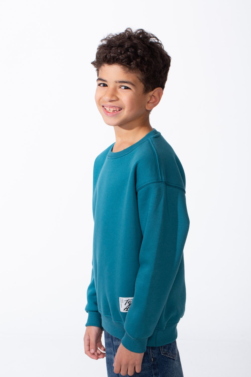 Boy's Ribbed Crew Neckline White Label Patch Dropped Shoulder Melton Slim Fit Sweatshirt