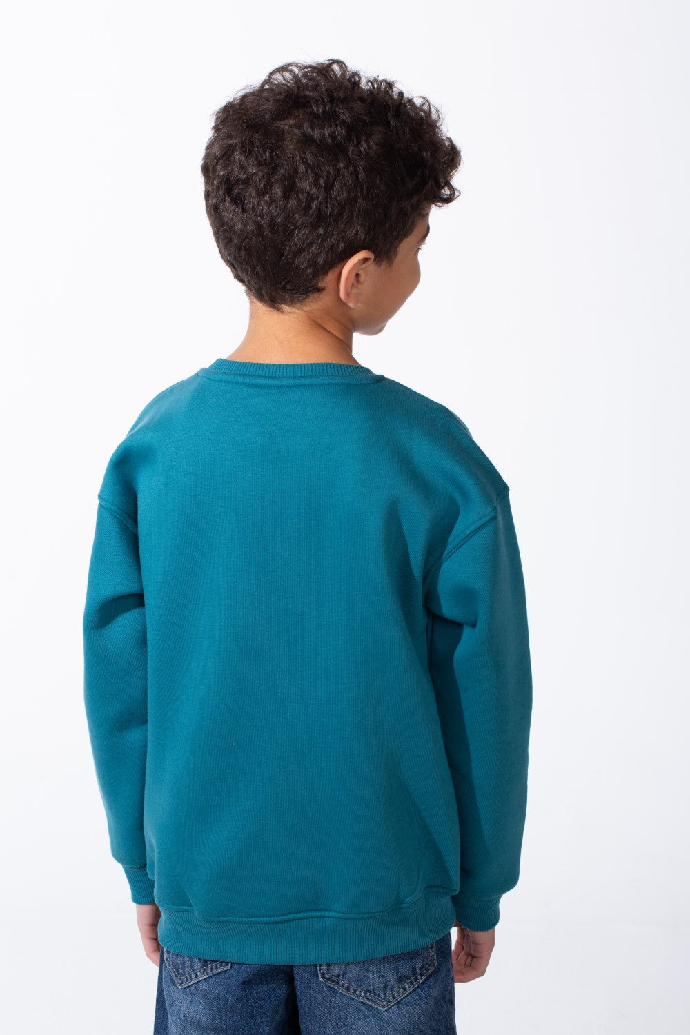 Boy's Ribbed Crew Neckline White Label Patch Dropped Shoulder Melton Slim Fit Sweatshirt