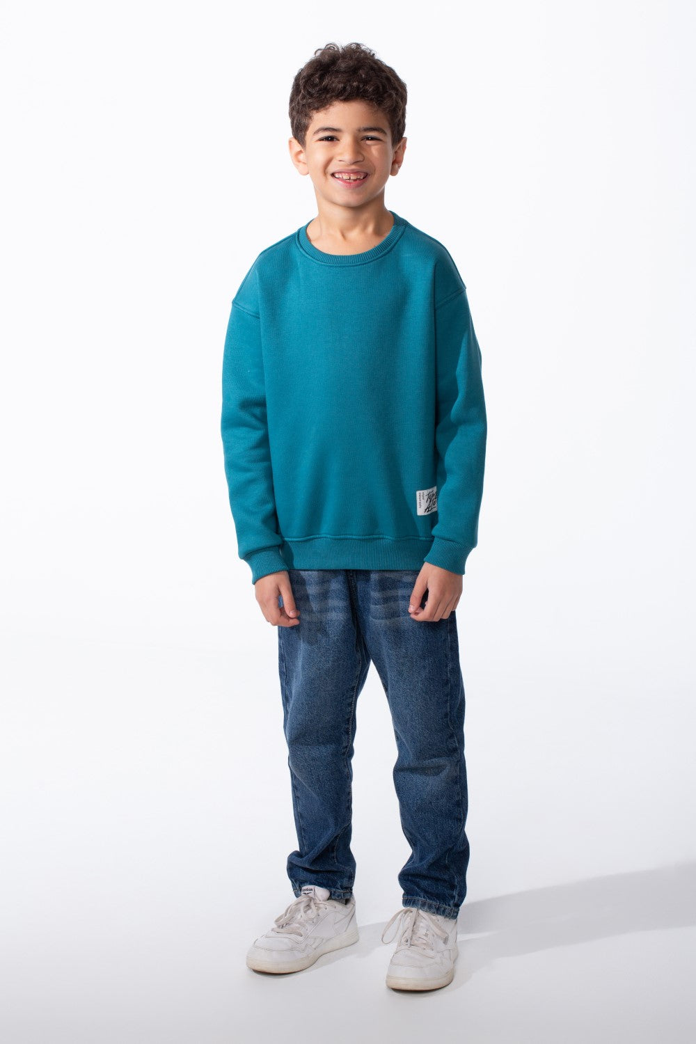 Boy's Ribbed Crew Neckline White Label Patch Dropped Shoulder Melton Slim Fit Sweatshirt