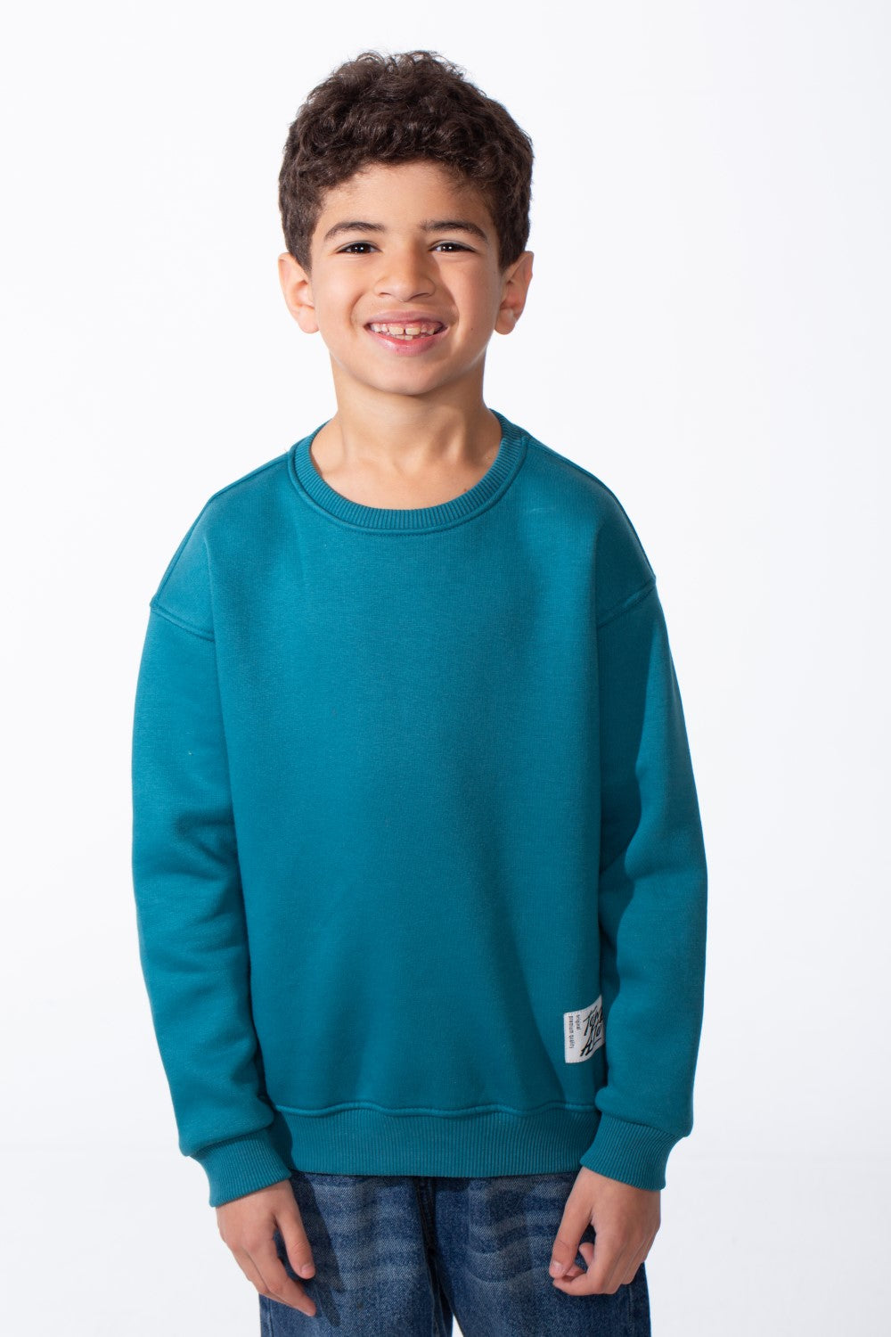 Boy's Ribbed Crew Neckline White Label Patch Dropped Shoulder Melton Slim Fit Sweatshirt