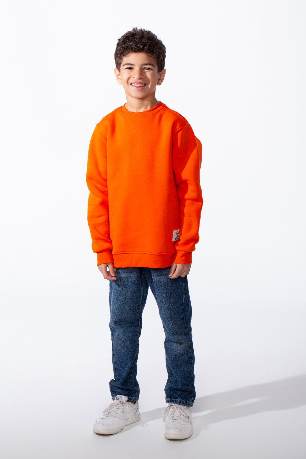 Boy's Ribbed Crew Neckline White Label Patch Dropped Shoulder Melton Slim Fit Sweatshirt