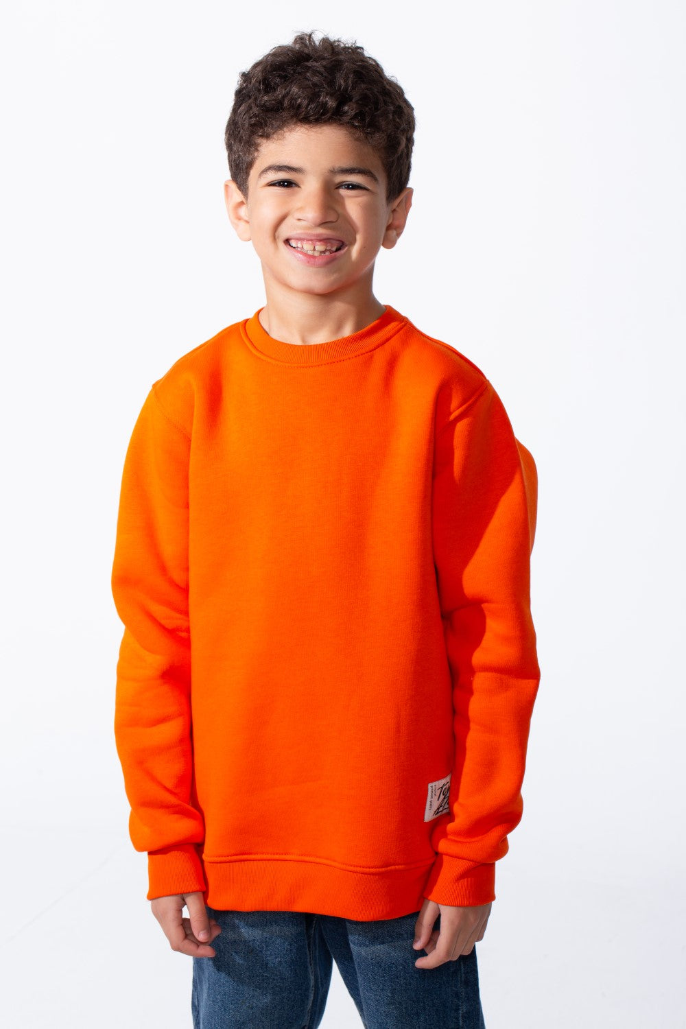 Boy's Ribbed Crew Neckline White Label Patch Dropped Shoulder Melton Slim Fit Sweatshirt