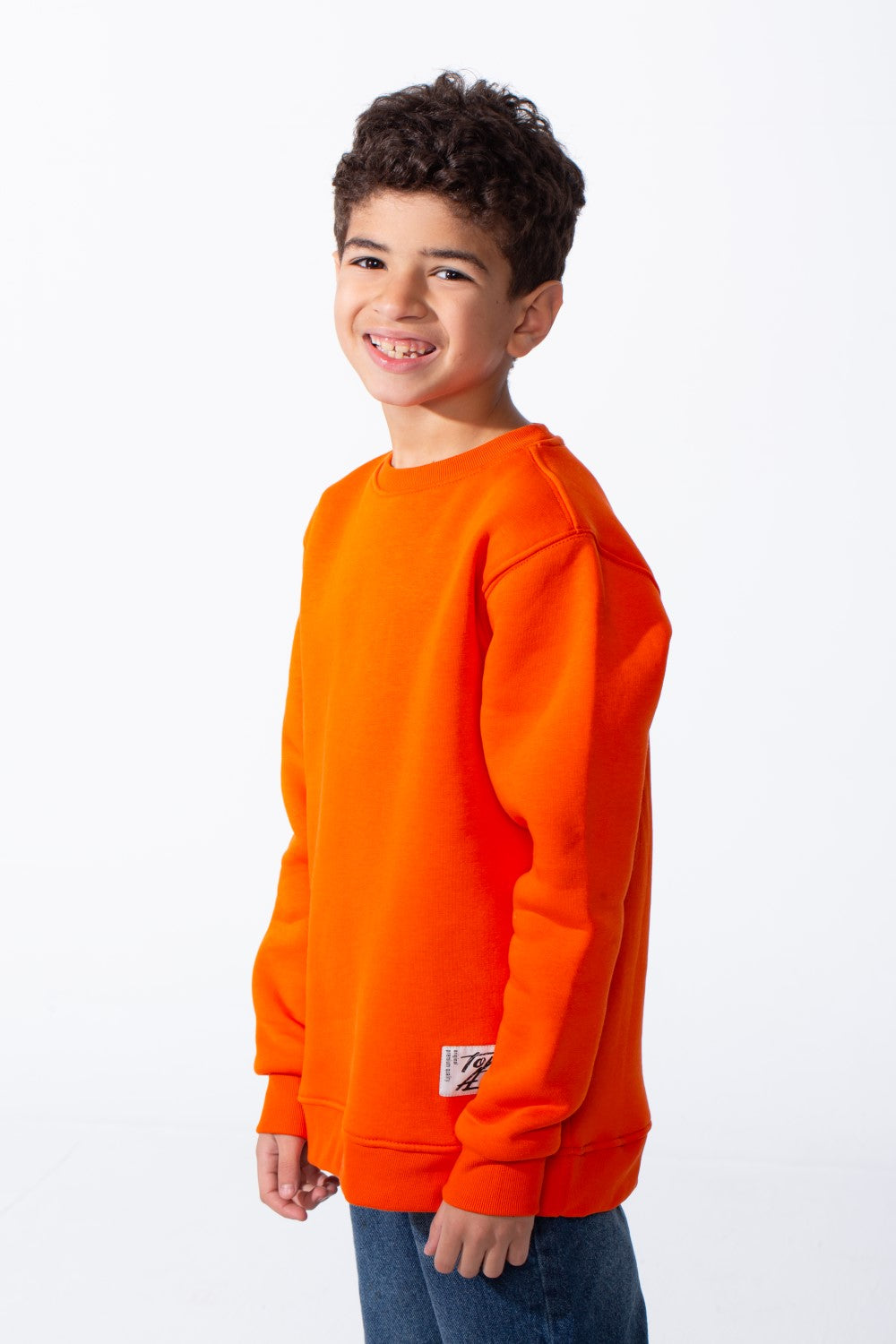 Boy's Ribbed Crew Neckline White Label Patch Dropped Shoulder Melton Slim Fit Sweatshirt
