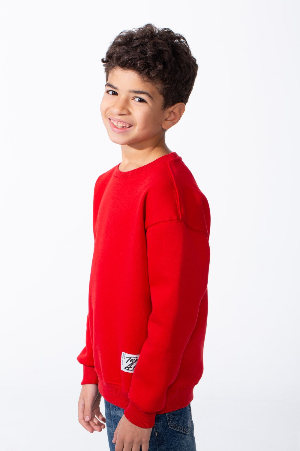 Boy's Ribbed Crew Neckline White Label Patch Dropped Shoulder Melton Slim Fit Sweatshirt