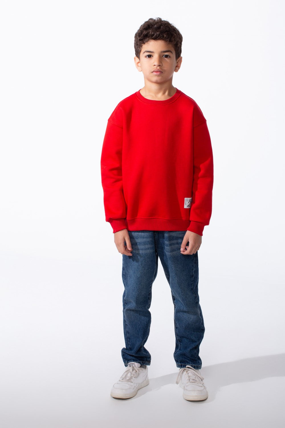 Boy's Ribbed Crew Neckline White Label Patch Dropped Shoulder Melton Slim Fit Sweatshirt