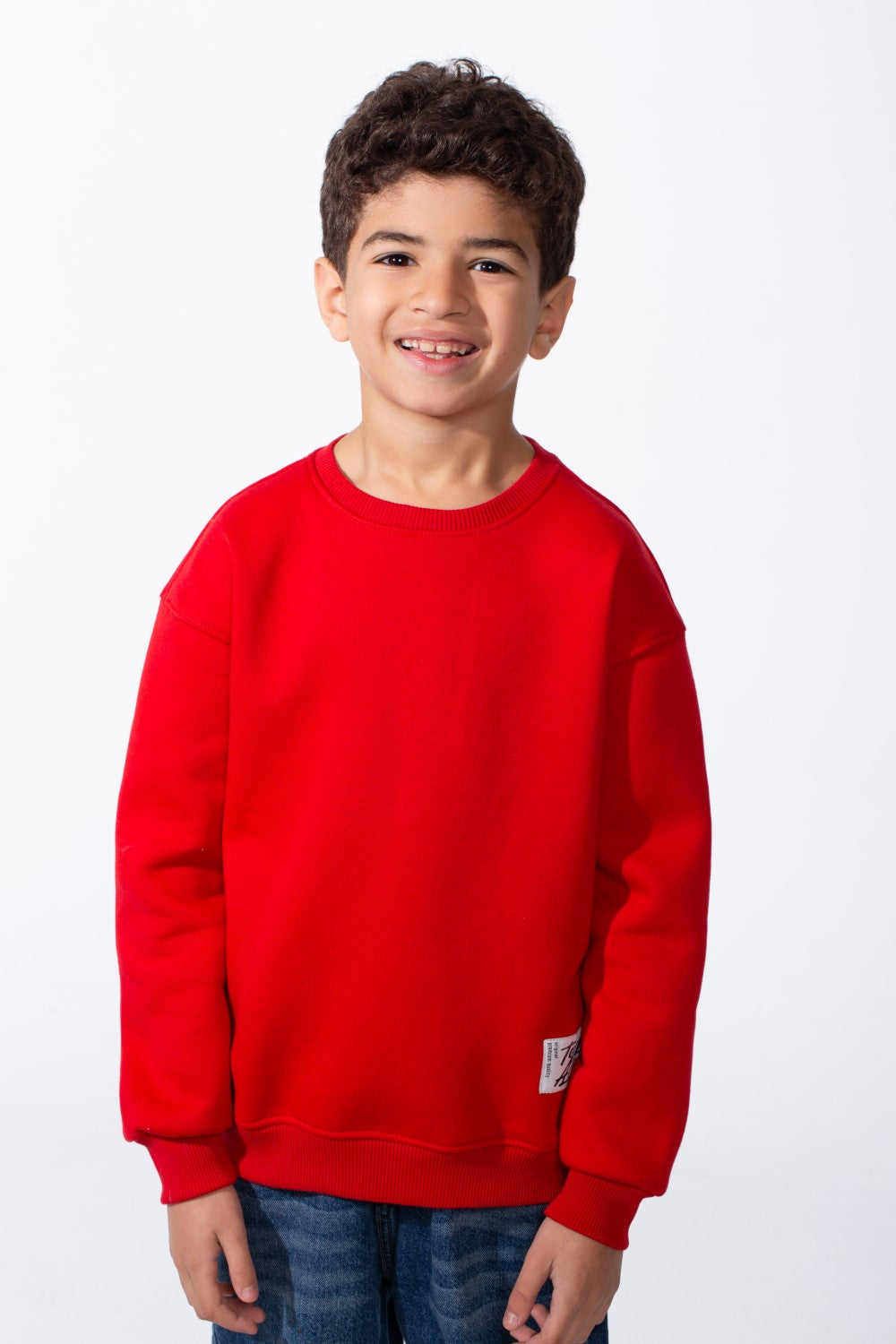 Boy's Ribbed Crew Neckline White Label Patch Dropped Shoulder Melton Slim Fit Sweatshirt