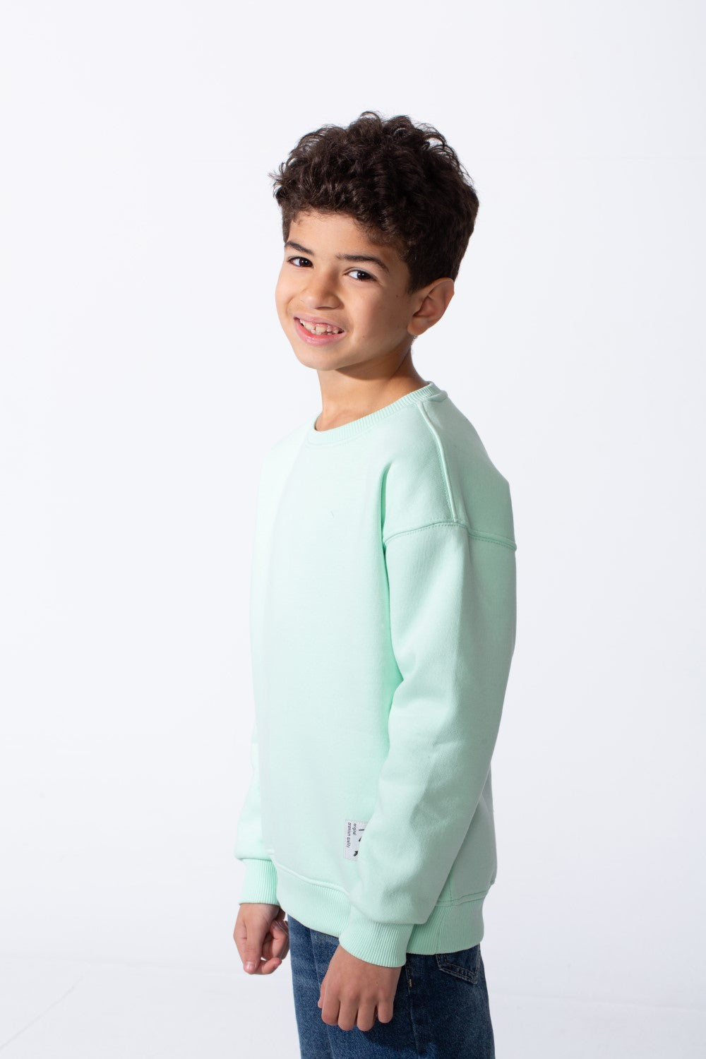 Boy's Ribbed Crew Neckline White Label Patch Dropped Shoulder Melton Slim Fit Sweatshirt