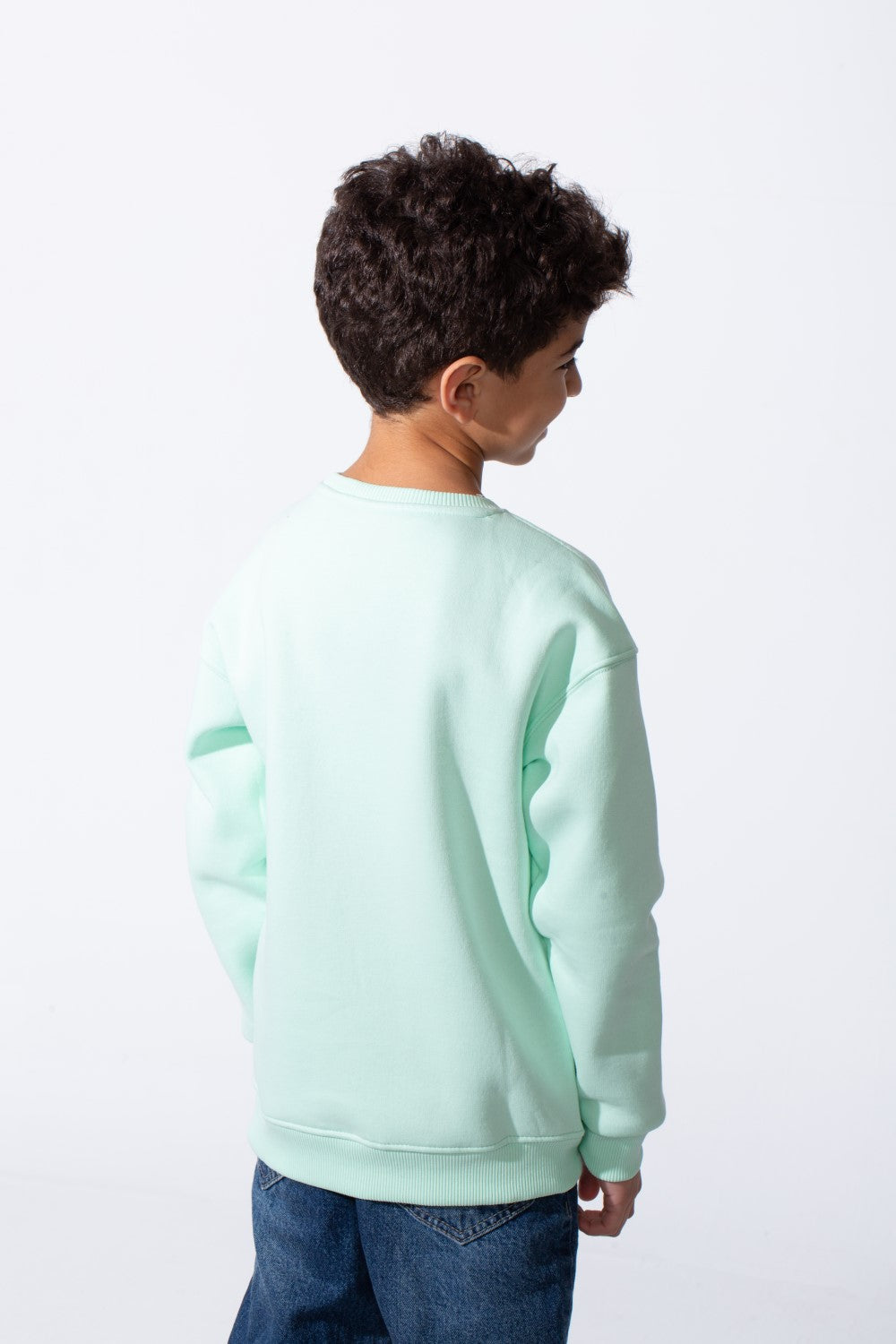 Boy's Ribbed Crew Neckline White Label Patch Dropped Shoulder Melton Slim Fit Sweatshirt