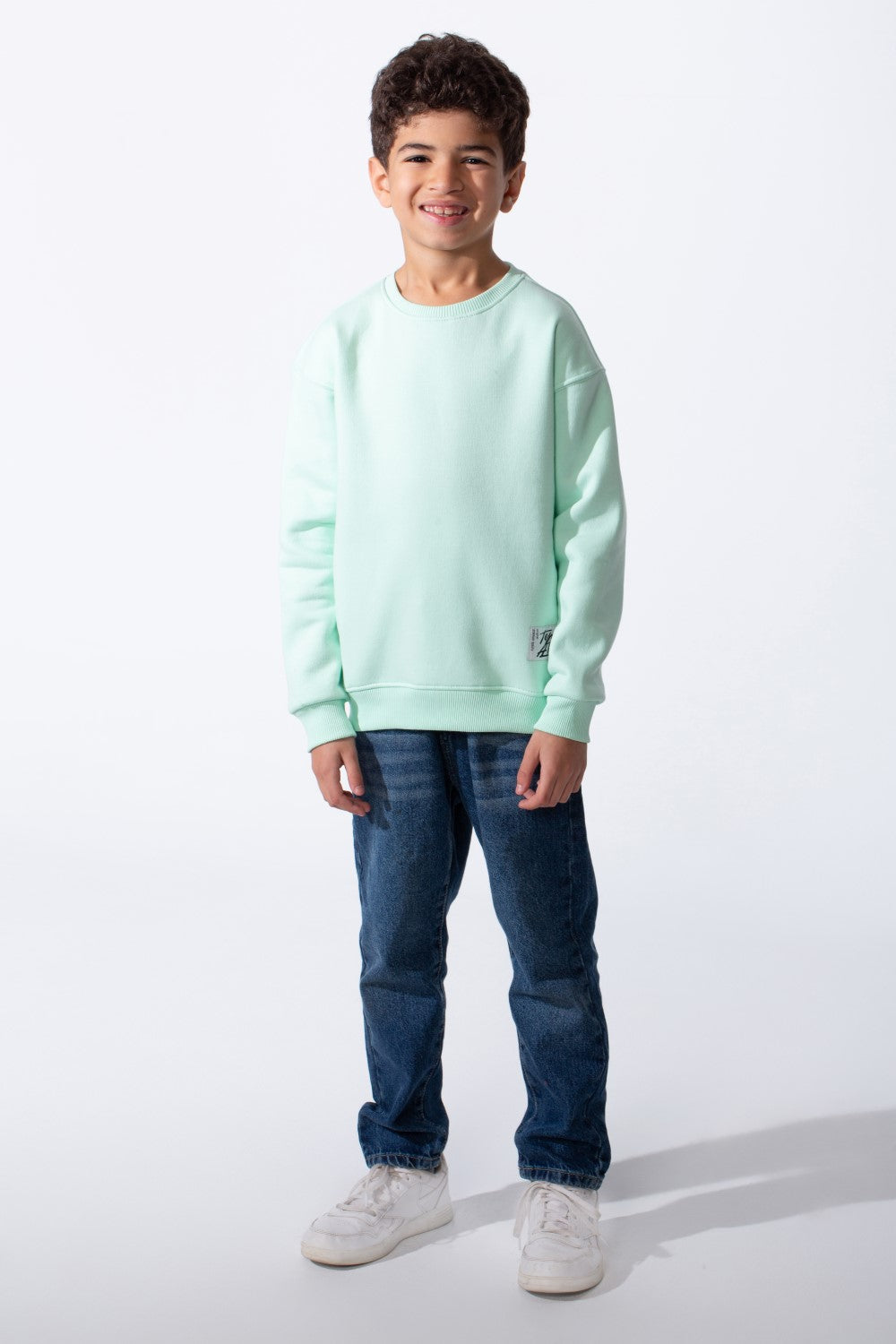 Boy's Ribbed Crew Neckline White Label Patch Dropped Shoulder Melton Slim Fit Sweatshirt