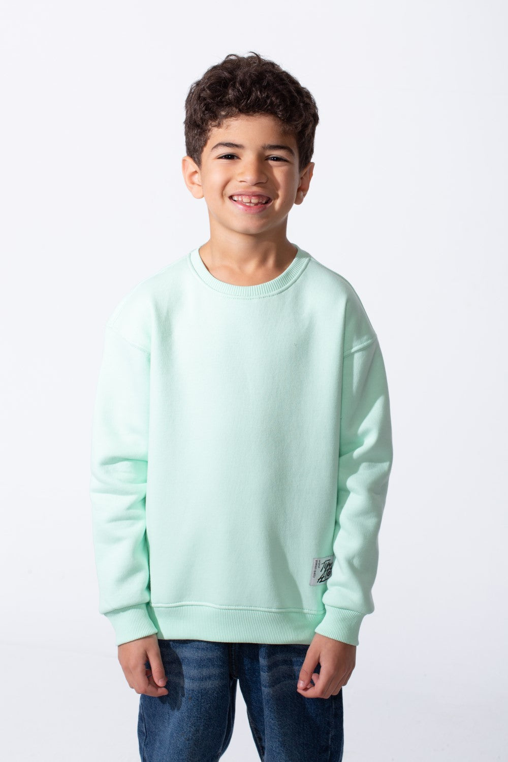 Boy's Ribbed Crew Neckline White Label Patch Dropped Shoulder Melton Slim Fit Sweatshirt