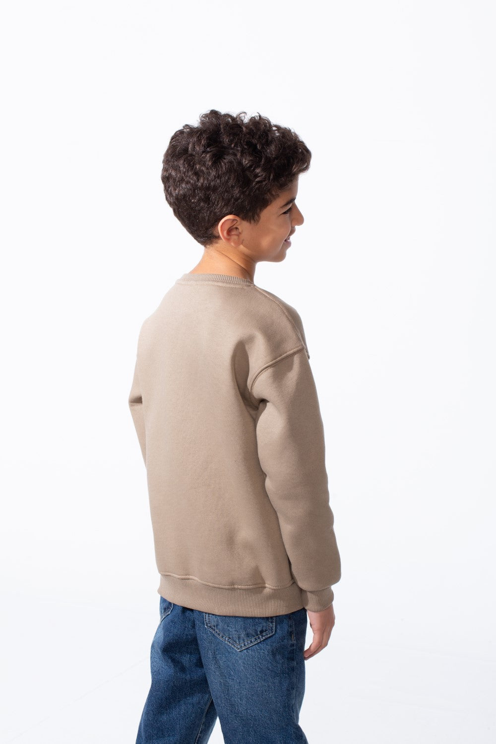 Boy's Ribbed Crew Neckline White Label Patch Dropped Shoulder Melton Slim Fit Sweatshirt