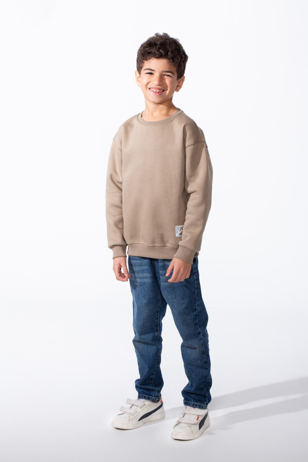 Boy's Ribbed Crew Neckline White Label Patch Dropped Shoulder Melton Slim Fit Sweatshirt
