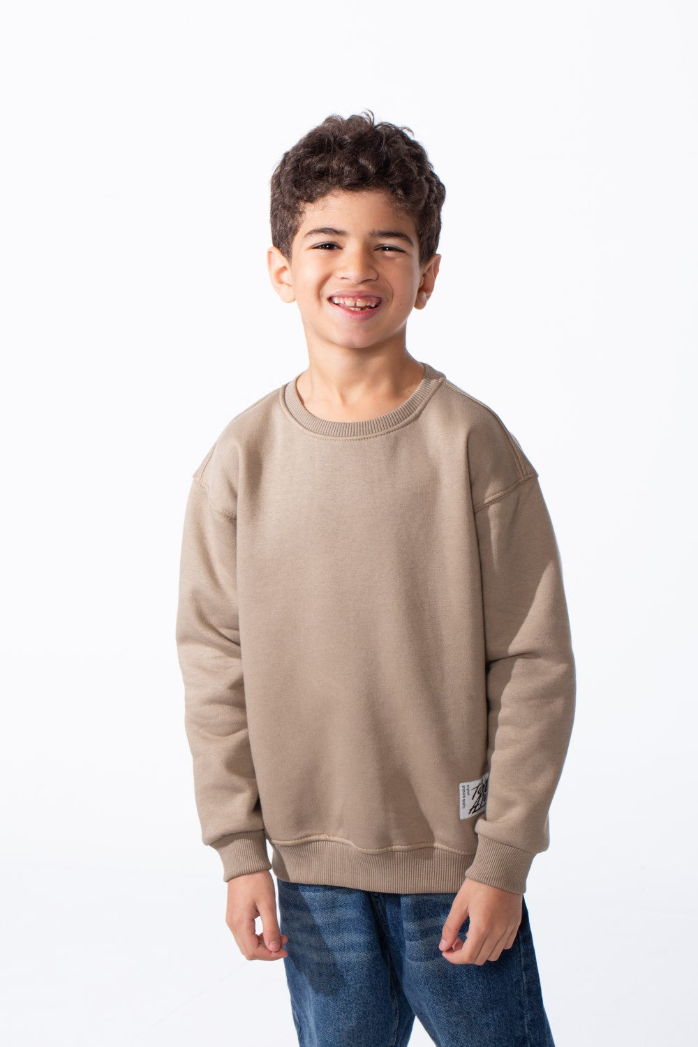 Boy's Ribbed Crew Neckline White Label Patch Dropped Shoulder Melton Slim Fit Sweatshirt