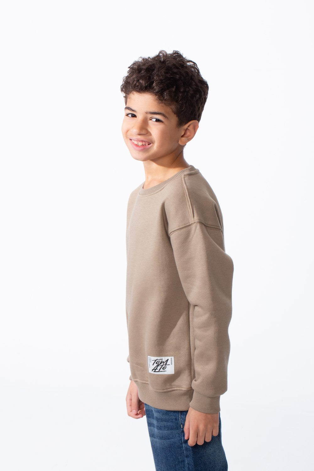 Boy's Ribbed Crew Neckline White Label Patch Dropped Shoulder Melton Slim Fit Sweatshirt