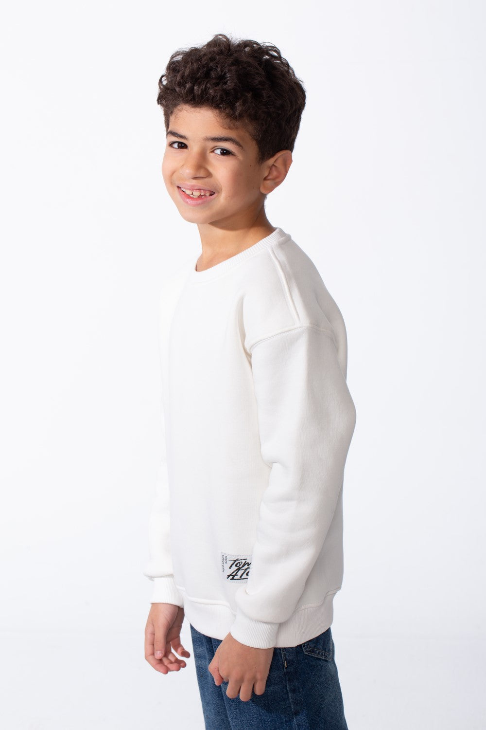 Boy's Ribbed Crew Neckline White Label Patch Dropped Shoulder Melton Slim Fit Sweatshirt
