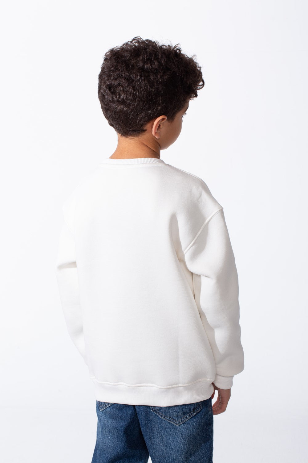 Boy's Ribbed Crew Neckline White Label Patch Dropped Shoulder Melton Slim Fit Sweatshirt