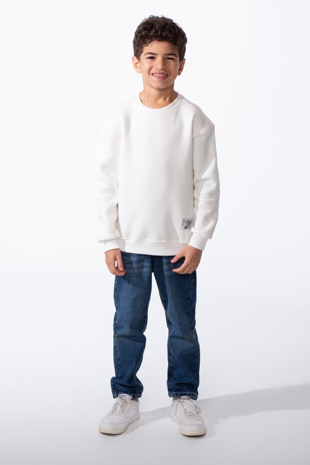 Boy's Ribbed Crew Neckline White Label Patch Dropped Shoulder Melton Slim Fit Sweatshirt