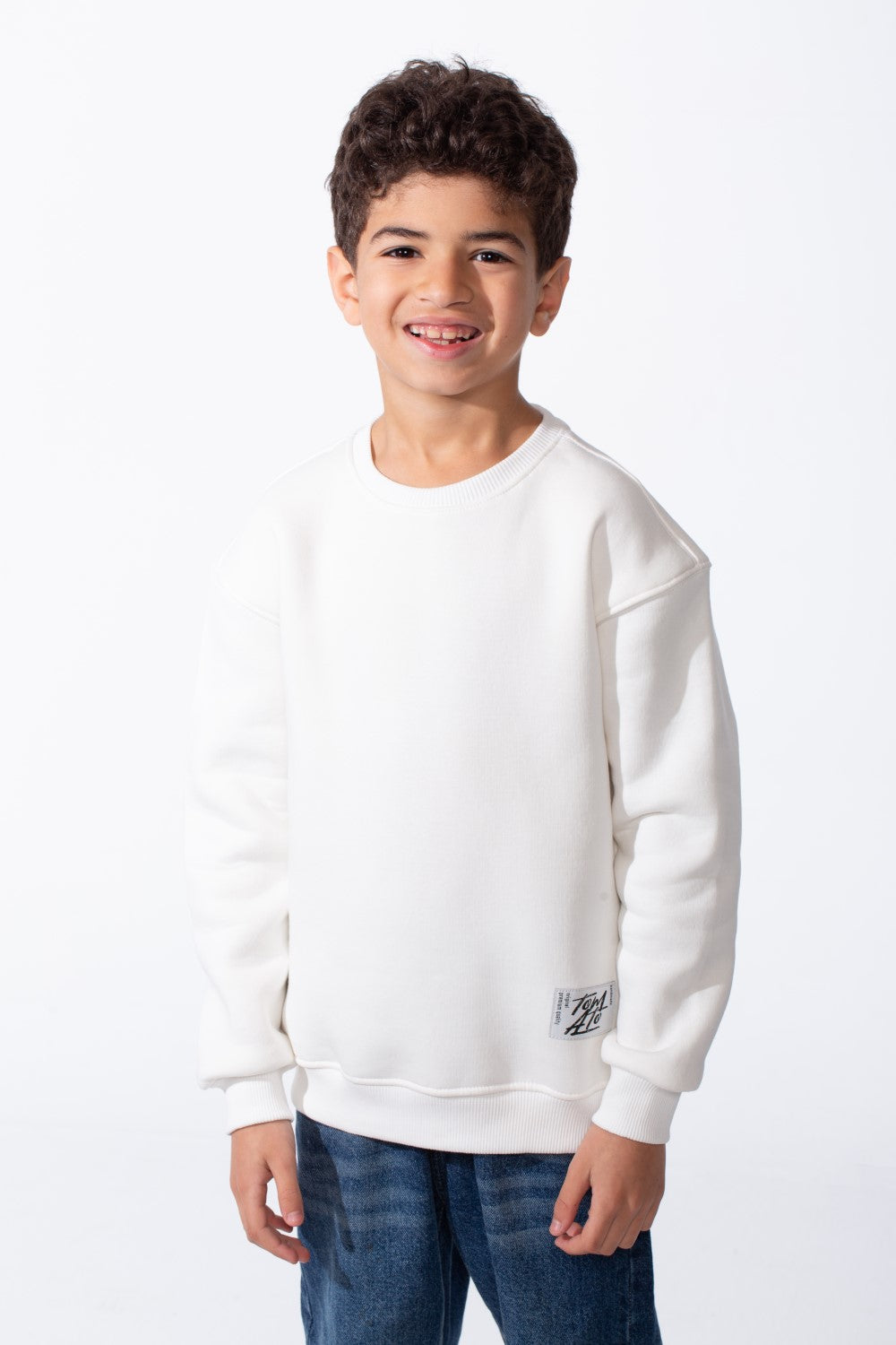Boy's Ribbed Crew Neckline White Label Patch Dropped Shoulder Melton Slim Fit Sweatshirt
