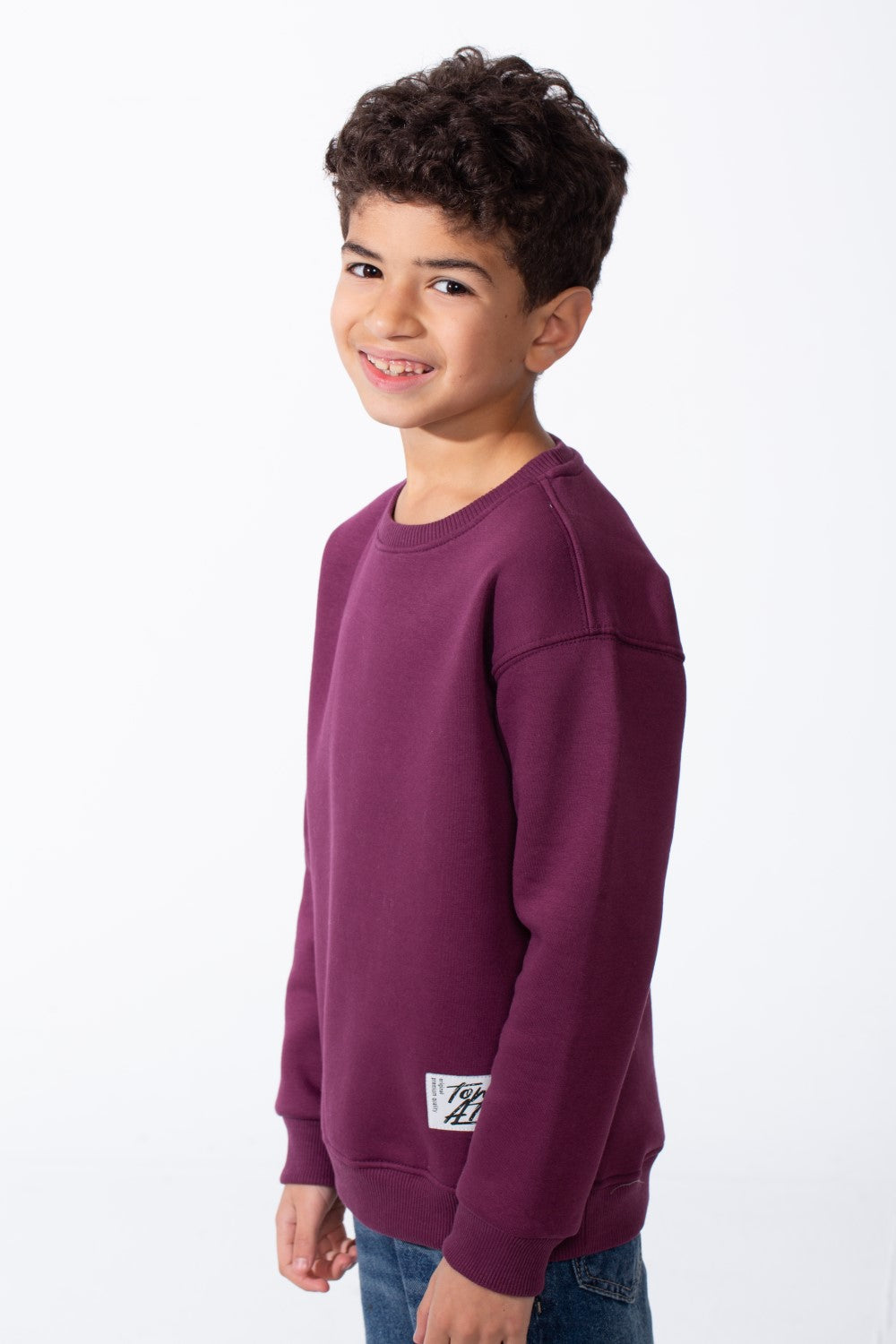 Boy's Ribbed Crew Neckline White Label Patch Dropped Shoulder Melton Slim Fit Sweatshirt