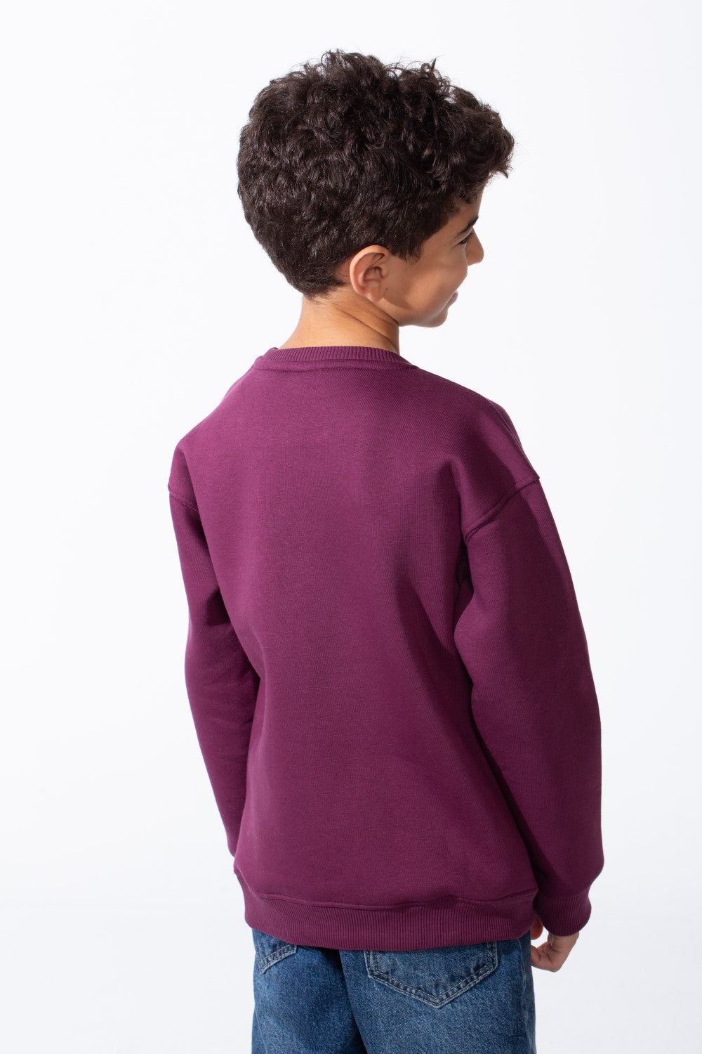 Boy's Ribbed Crew Neckline White Label Patch Dropped Shoulder Melton Slim Fit Sweatshirt