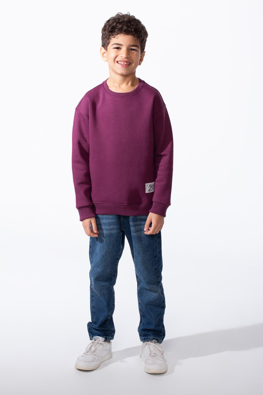 Boy's Ribbed Crew Neckline White Label Patch Dropped Shoulder Melton Slim Fit Sweatshirt