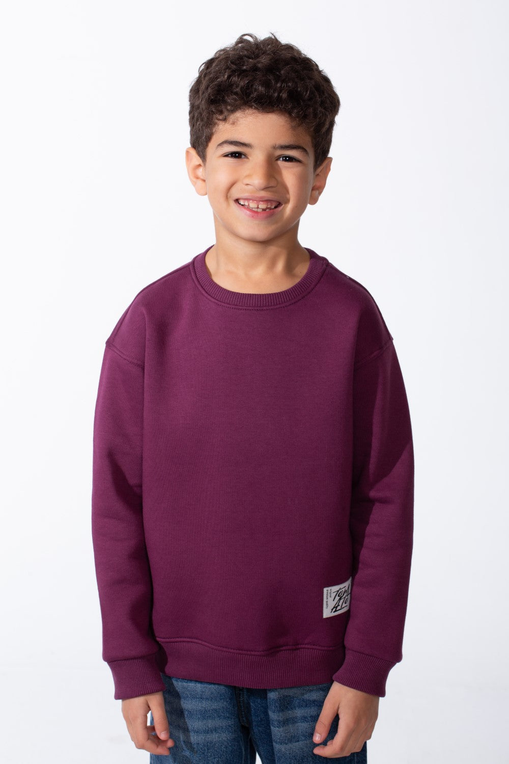 Boy's Ribbed Crew Neckline White Label Patch Dropped Shoulder Melton Slim Fit Sweatshirt