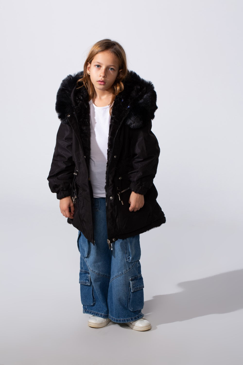 Girl's Long Sleeve Double Face With Fur Hood High Warm Two Look Waterproof Jacket