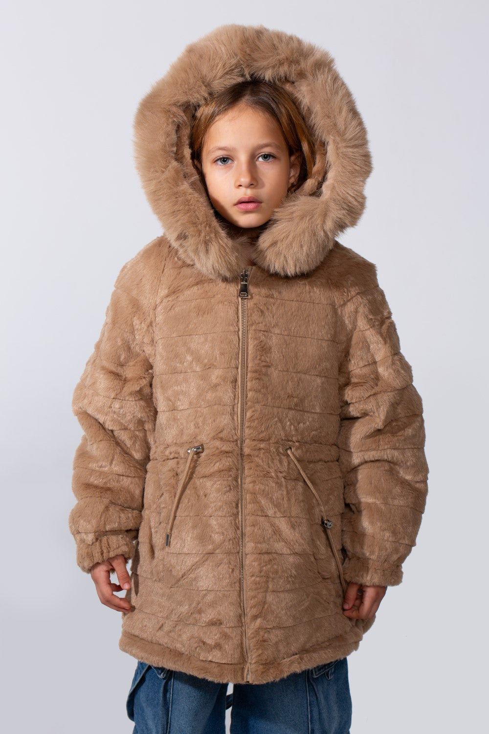 Girl's Long Sleeve Double Face With Fur Hood High Warm Two Look Waterproof Jacket