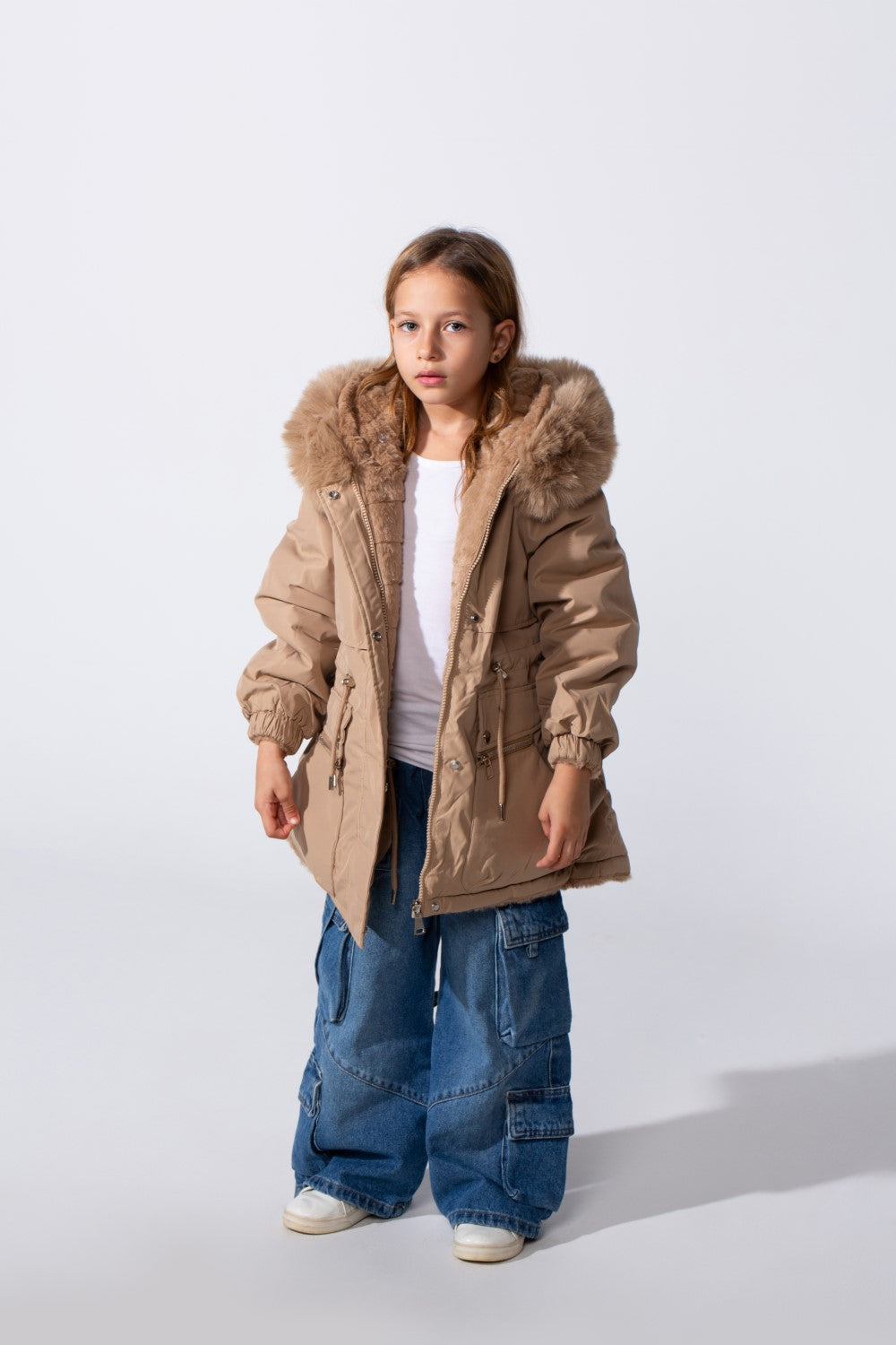 Girl's Long Sleeve Double Face With Fur Hood High Warm Two Look Waterproof Jacket