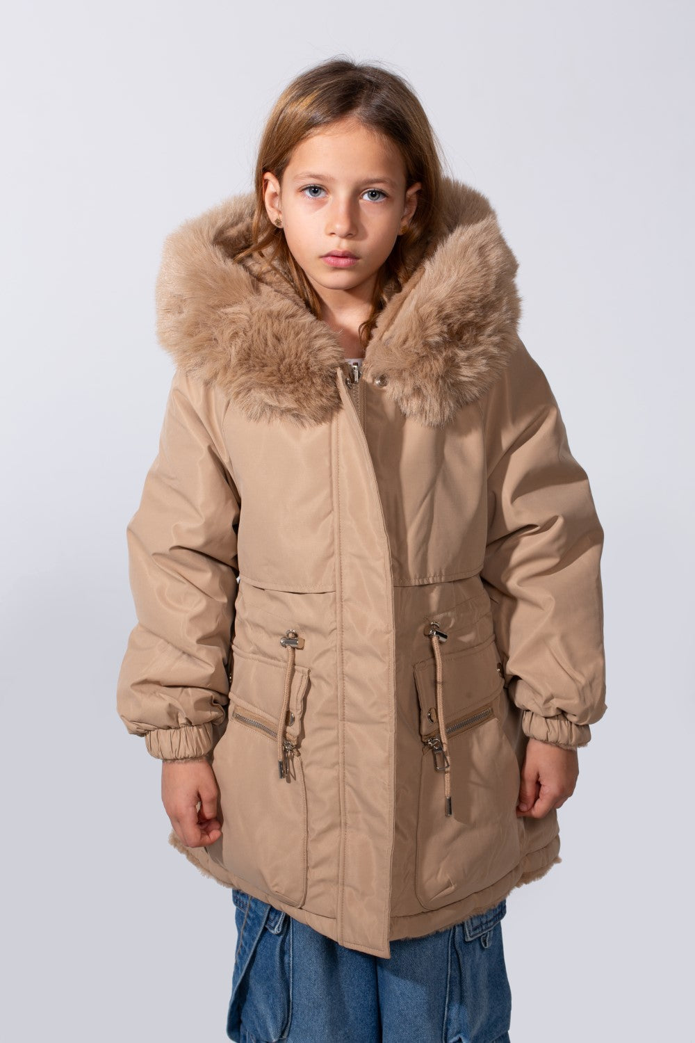 Girl's Long Sleeve Double Face With Fur Hood High Warm Two Look Waterproof Jacket
