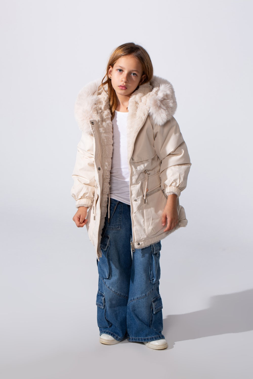 Girl's Long Sleeve Double Face With Fur Hood High Warm Two Look Waterproof Jacket