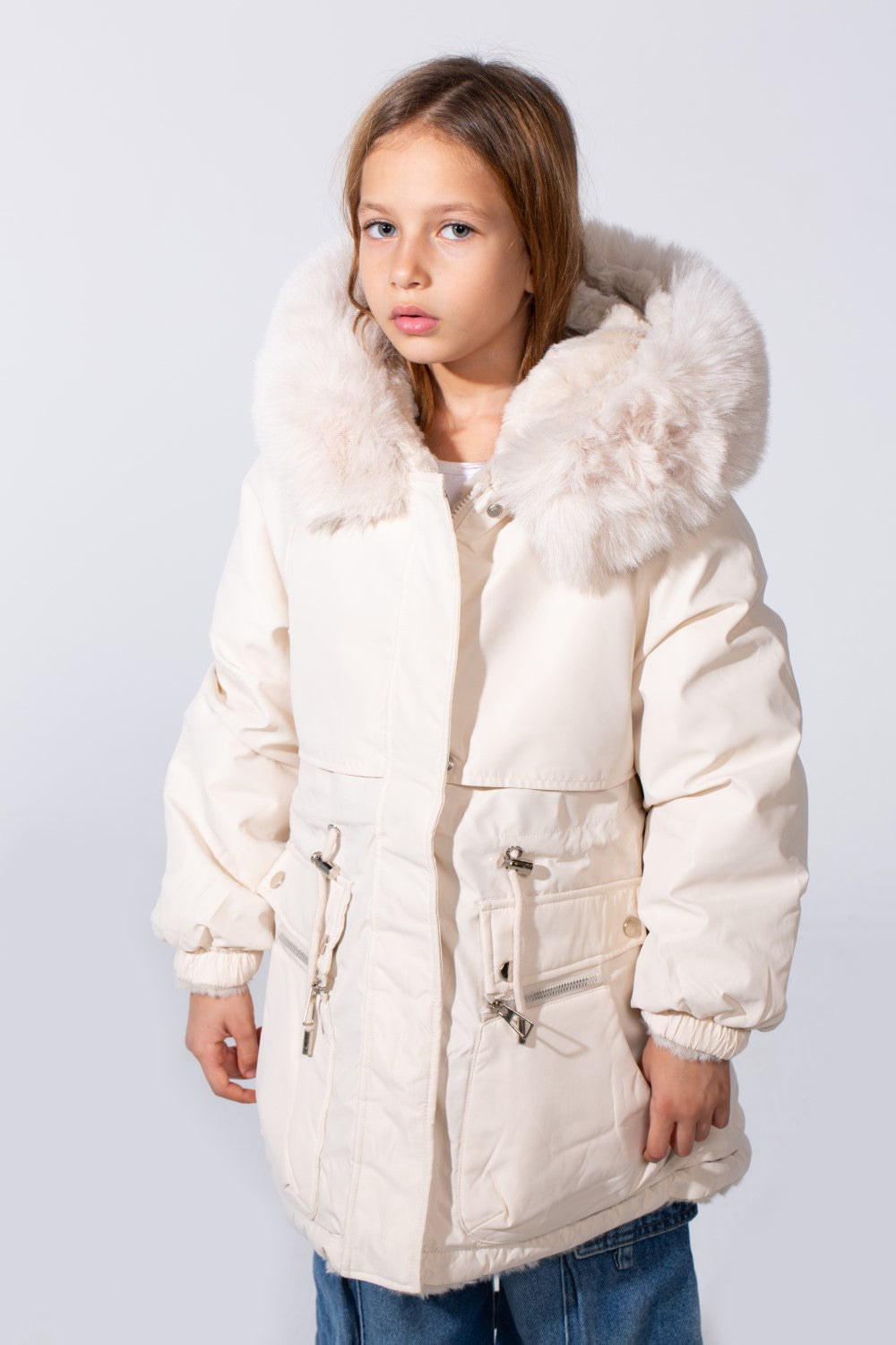 Girl's Long Sleeve Double Face With Fur Hood High Warm Two Look Waterproof Jacket
