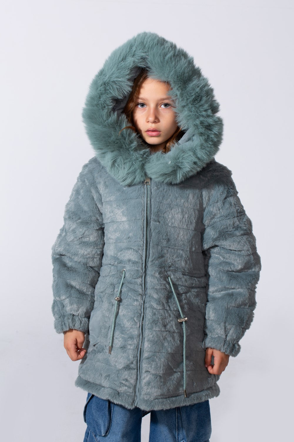 Girl's Long Sleeve Double Face With Fur Hood High Warm Two Look Waterproof Jacket