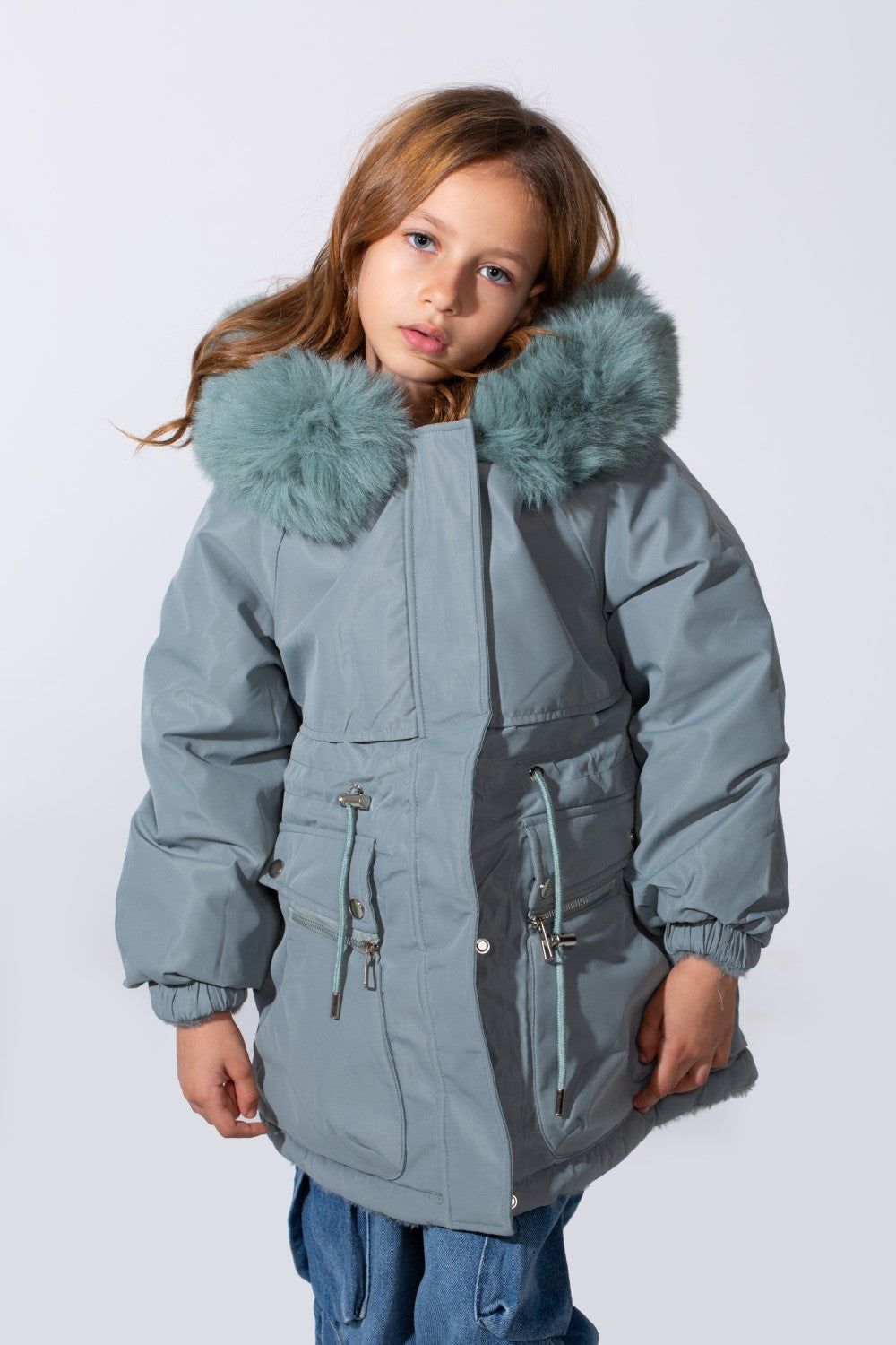 Girl's Long Sleeve Double Face With Fur Hood High Warm Two Look Waterproof Jacket