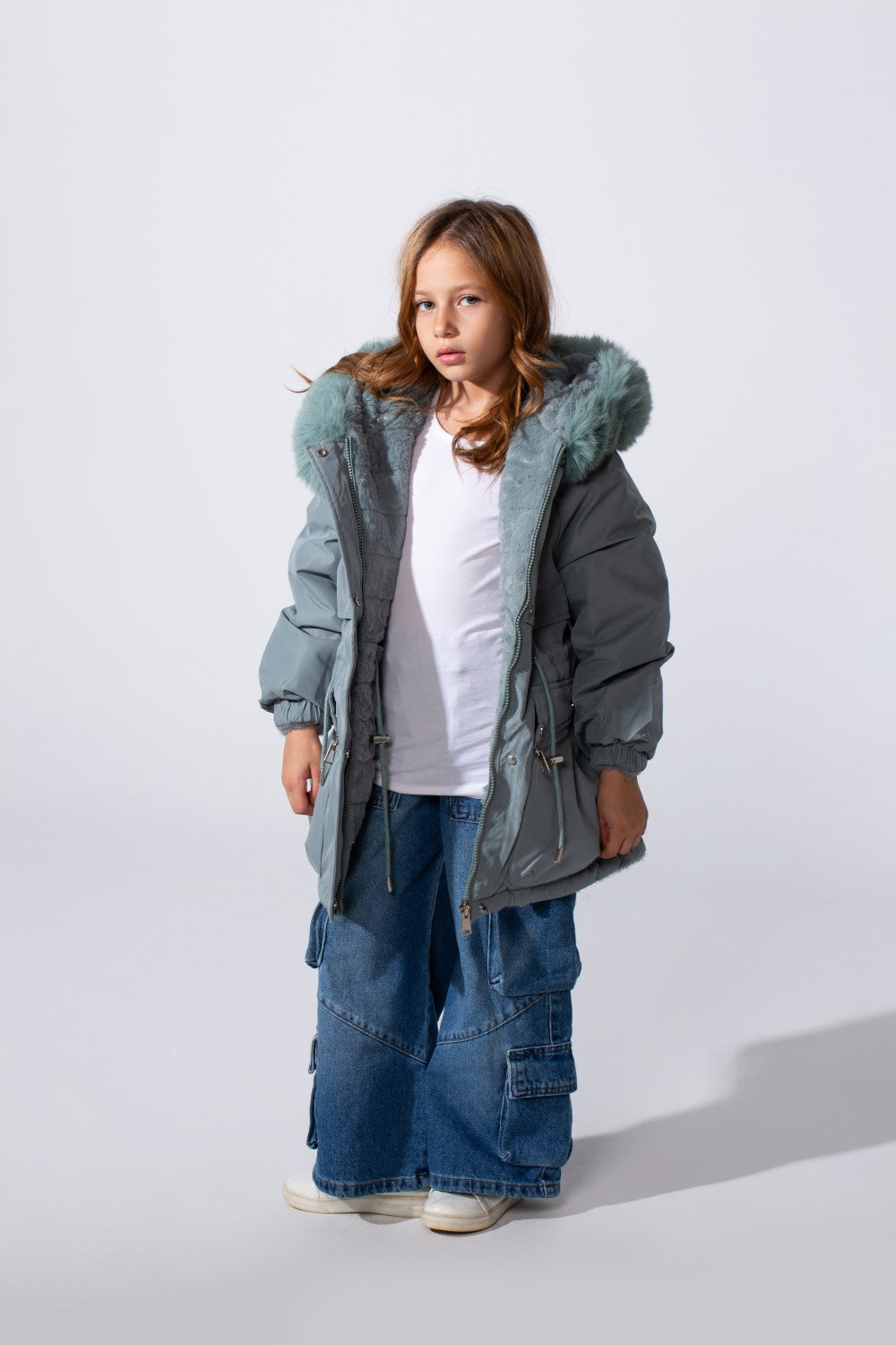 Girl's Long Sleeve Double Face With Fur Hood High Warm Two Look Waterproof Jacket