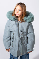 جاكيت بناتي مقاوم للماء بسحاب مع جيبين جانبيين وغطاء رأس فرو وطبقة عازلة حرارية