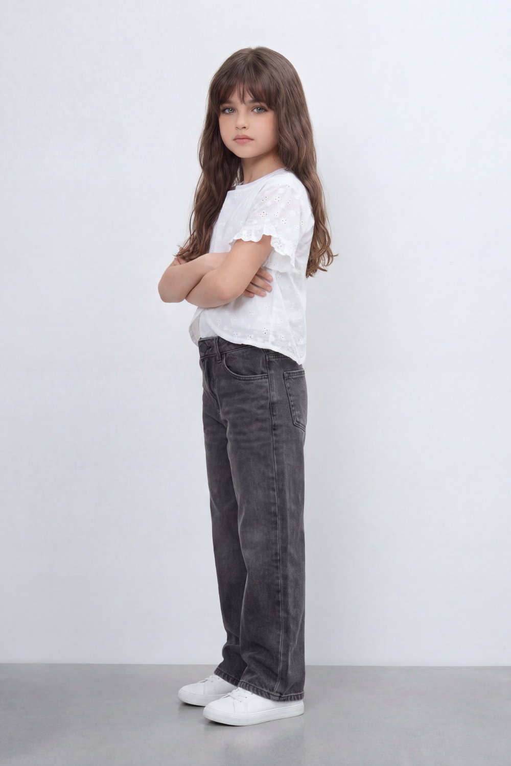 Girl's Tomato Store Eyelet Petal Overlay Cutwork Floral Embroidery Blouse Open Front Curve Single Button Detail Regular Fit