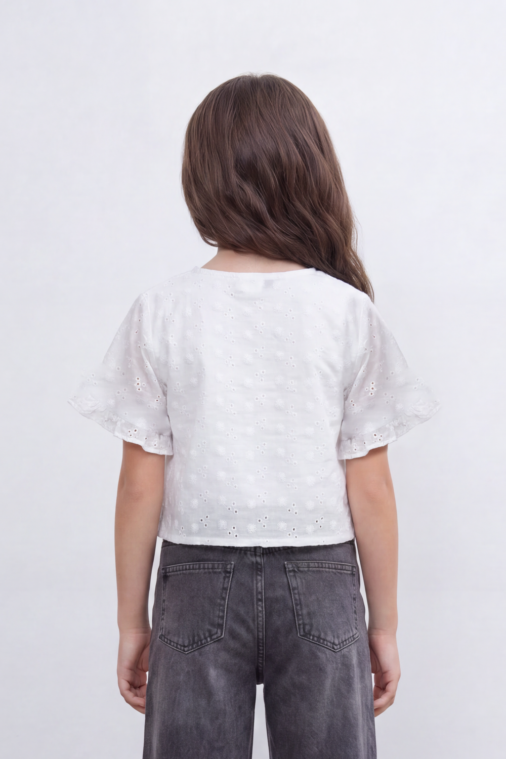 Girl's Tomato Store Eyelet Petal Overlay Cutwork Floral Embroidery Blouse Open Front Curve Single Button Detail Regular Fit