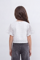 Girl's Tomato Store Eyelet Petal Overlay Cutwork Floral Embroidery Blouse Open Front Curve Single Button Detail Regular Fit