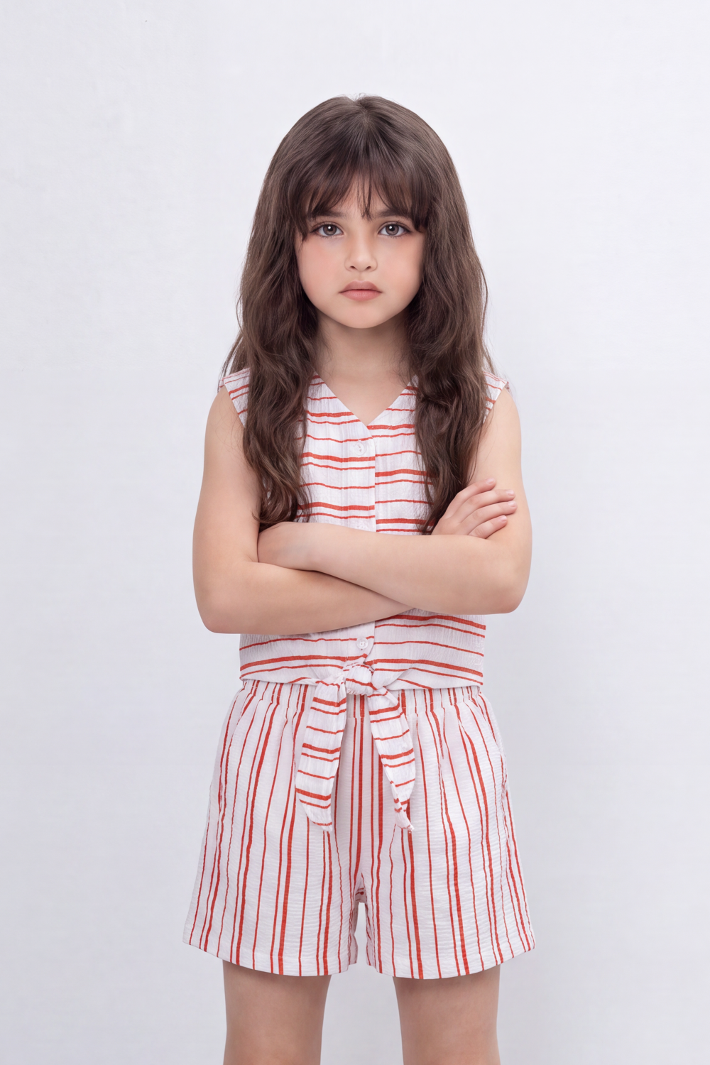 Girl's Tomato Store Stripe Play Jumpsuit Slim Vertical Stripe Pattern Over Light Crinkle Surface